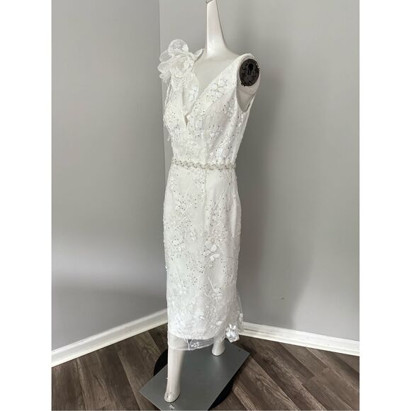 MAC DUGGAL FLORAL EMBELLISHED V-NECK MIDI DRESS WITH SHOULDER BOW - Picture 9 of 12